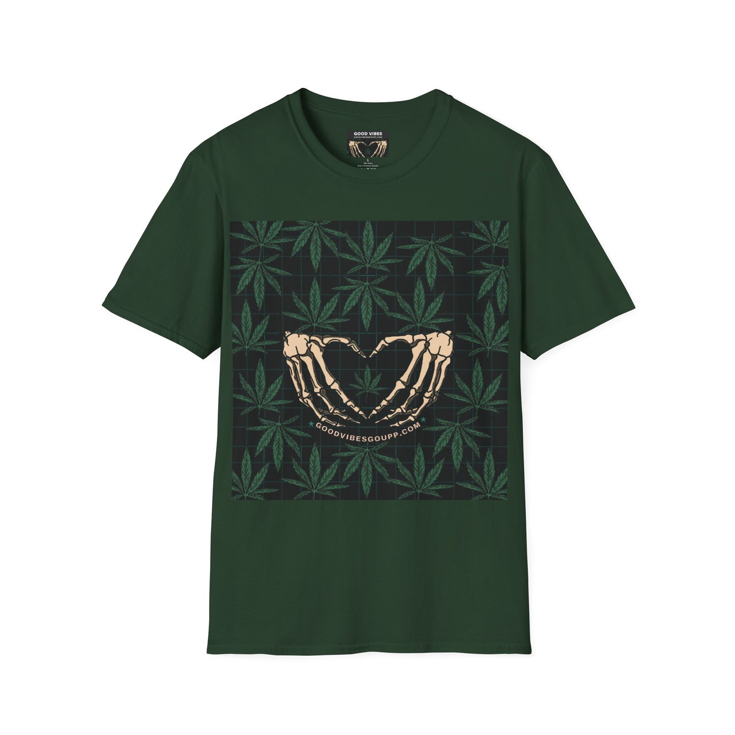 Stoner T-Shirt - Black Green Skeleton Heart Weed Leaf Tee - Magical Marijuana Shirt - Cute Cannabis Top - Goth Clothes with Bones Love Weed