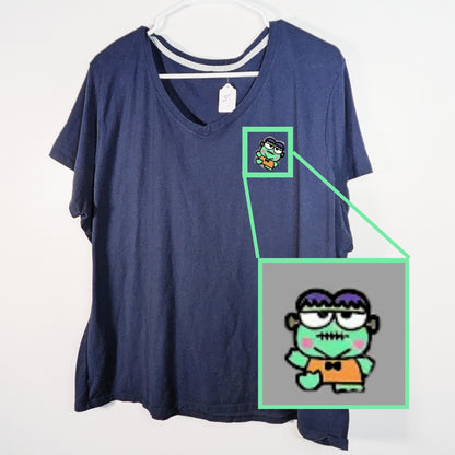 Blue V-Neck Keroppi &amp; Frankenstein T-Shirt 💚