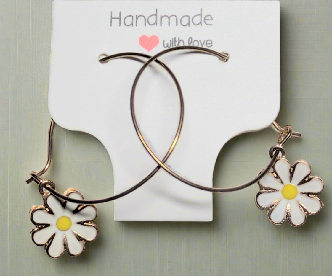 🌻 White Daisy Flowers Hoop Earrings